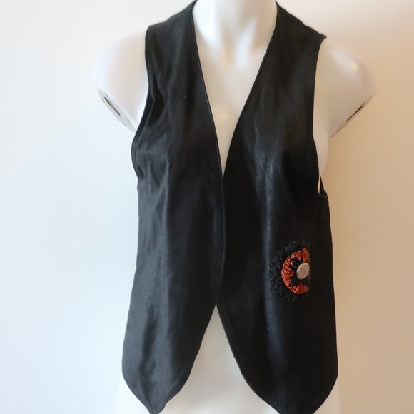 WOMENS ZOOMP BLACK RED BEADED INDIAN BRAIDED DETAIL OPEN SUEDE VEST M * - Picture 1 of 15